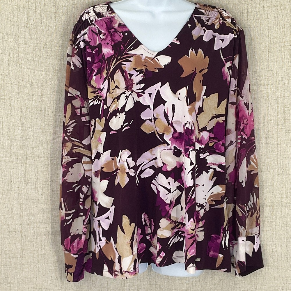 Calvin Klein Womens XL Blouse Plum Floral V-Neck Sheer Long Sleeve Smocked Top